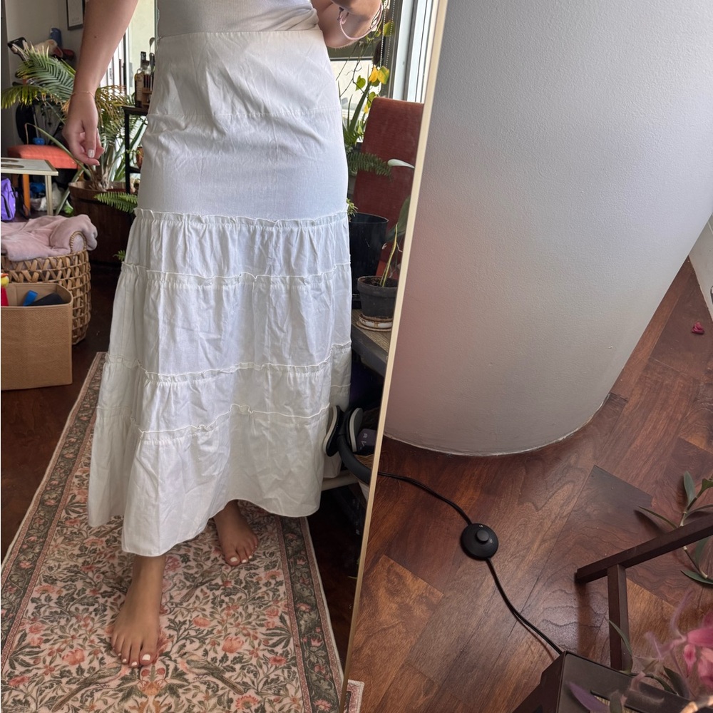 SOLD White Tiered Peasant Long Skirt High Rise Side Zipper Cotton Poplin Women